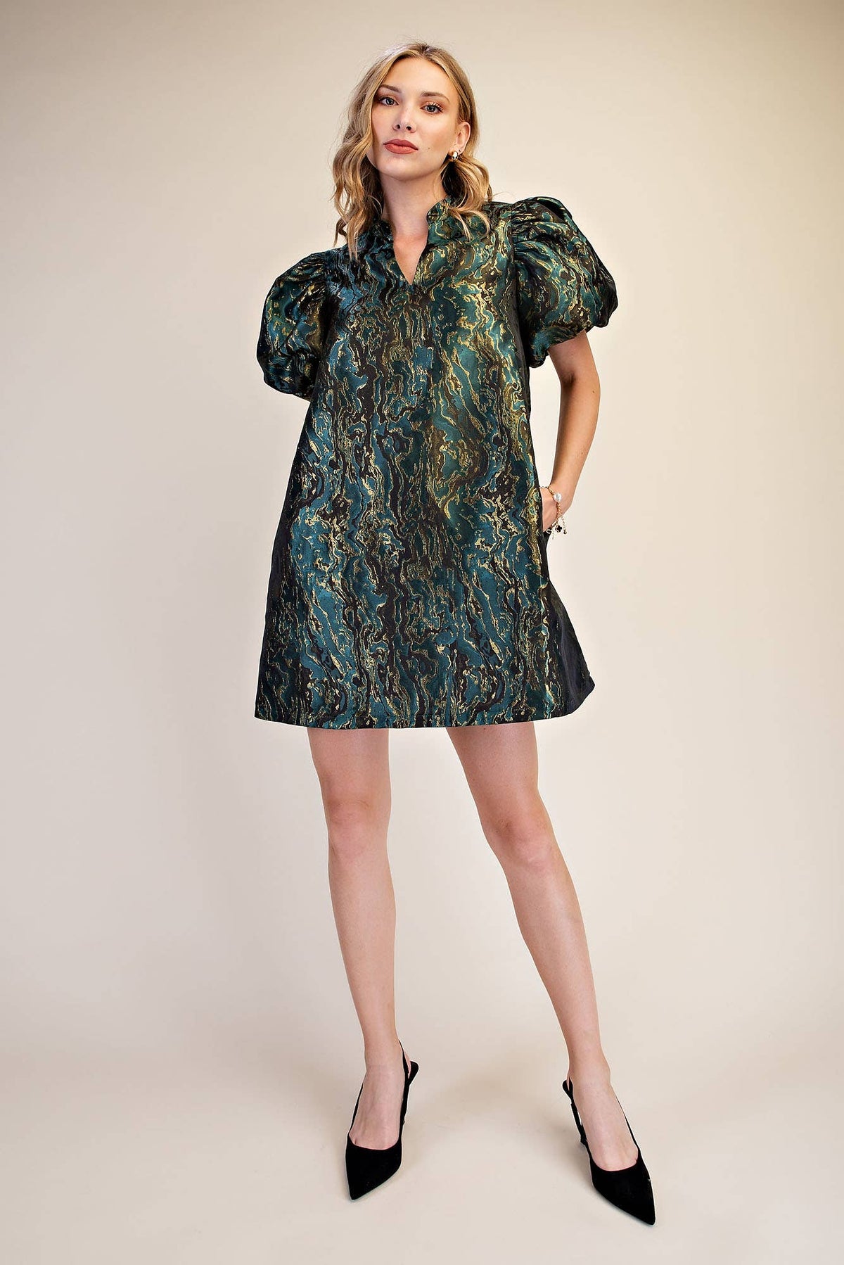 Metallic Jacquard Puff Sleeve Mini Holiday Dress