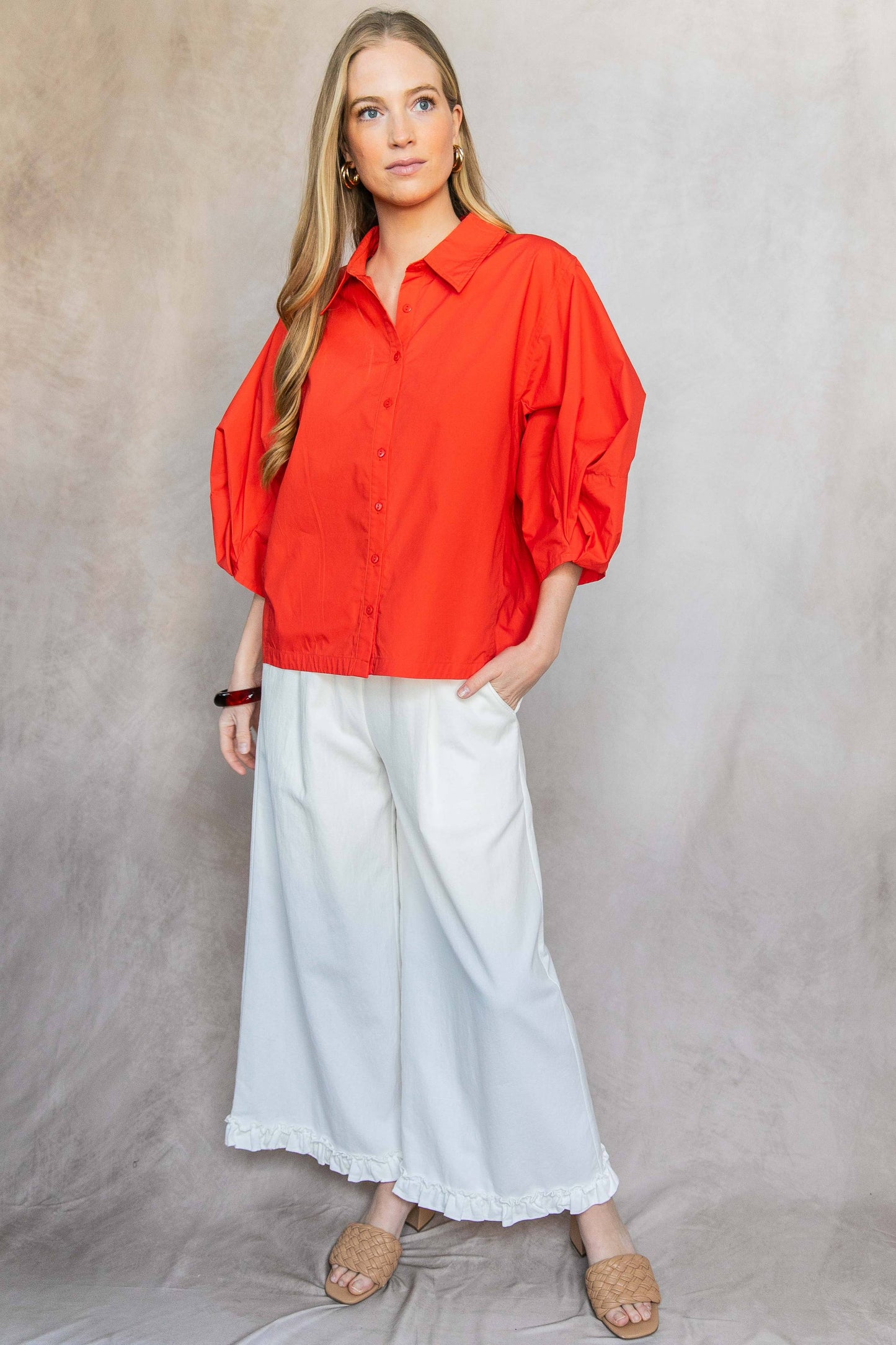 Poplin Bishop Sleeve Button Up Shirt