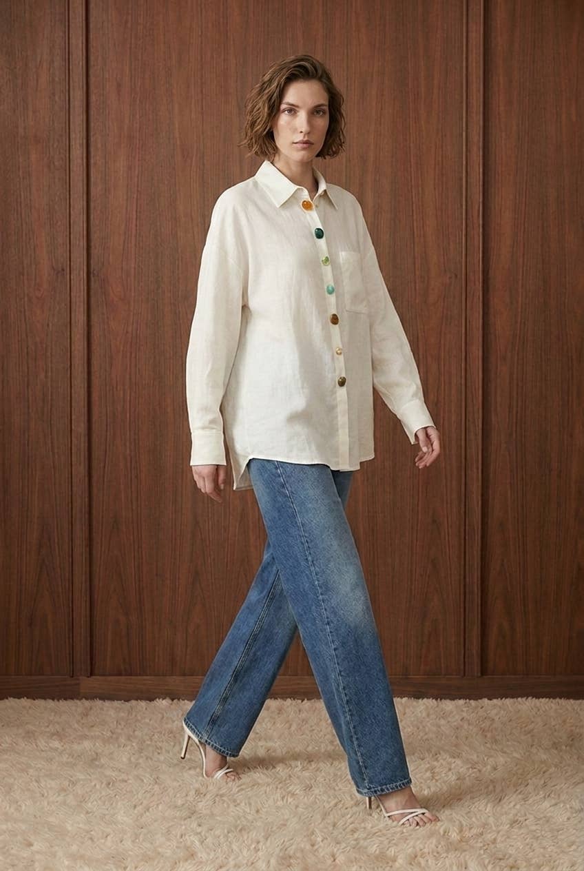 Oversized Novelty-Button Woven Shirt