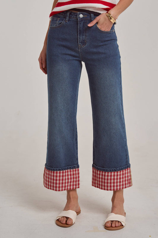 MID RISE STRAIGHT LEG JEANS WITH GINGHAM CHECK CUFF HEM