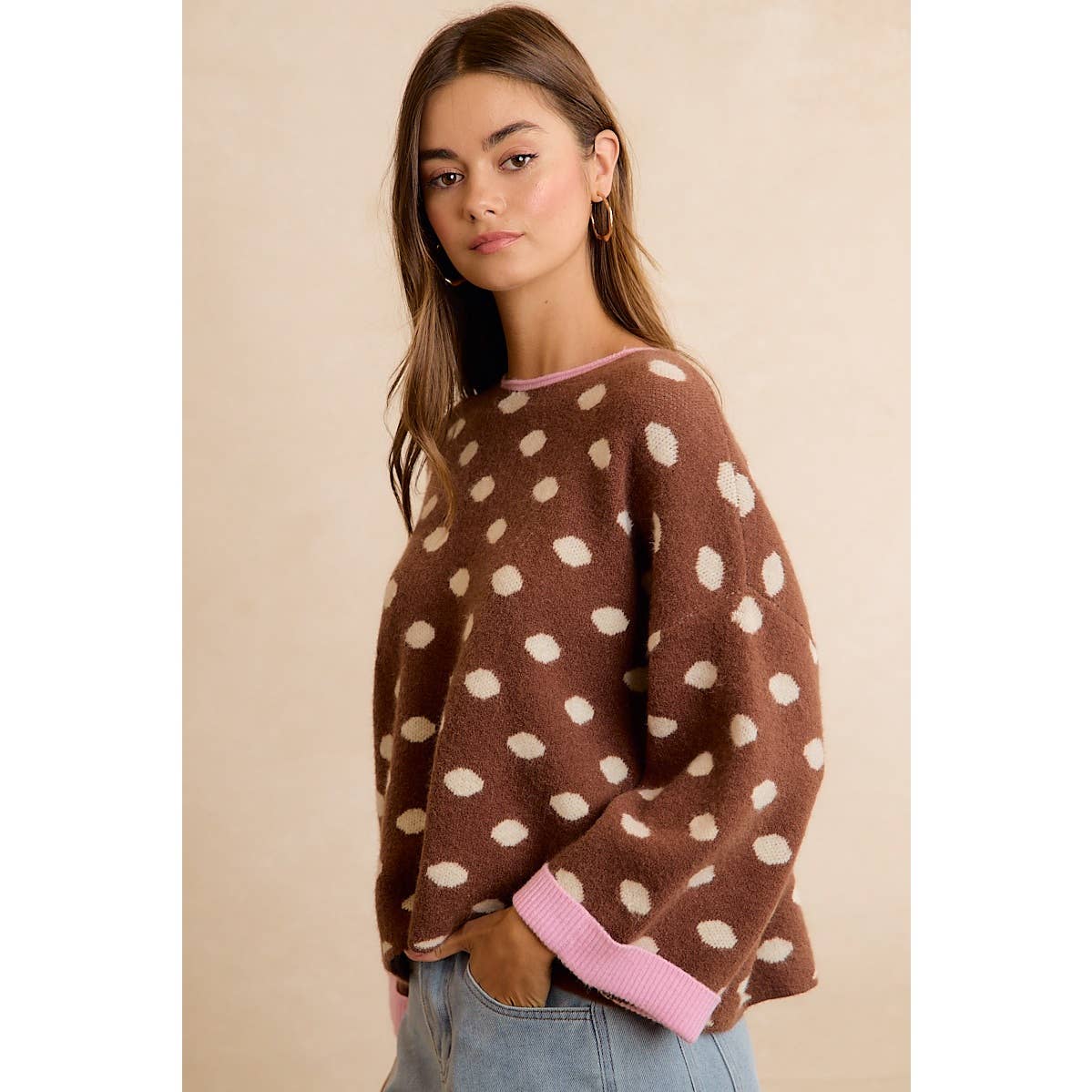 CONTRAST NECK AND ROLL UP DETAIL POLKA DOT SWEATER