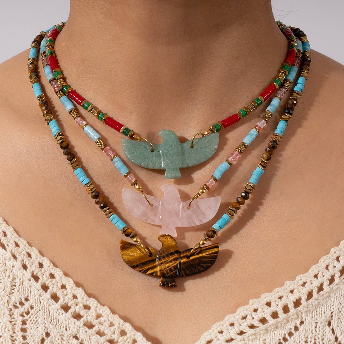 Handmade Eagle Necklace with Gemstone Beads_CWMM7532