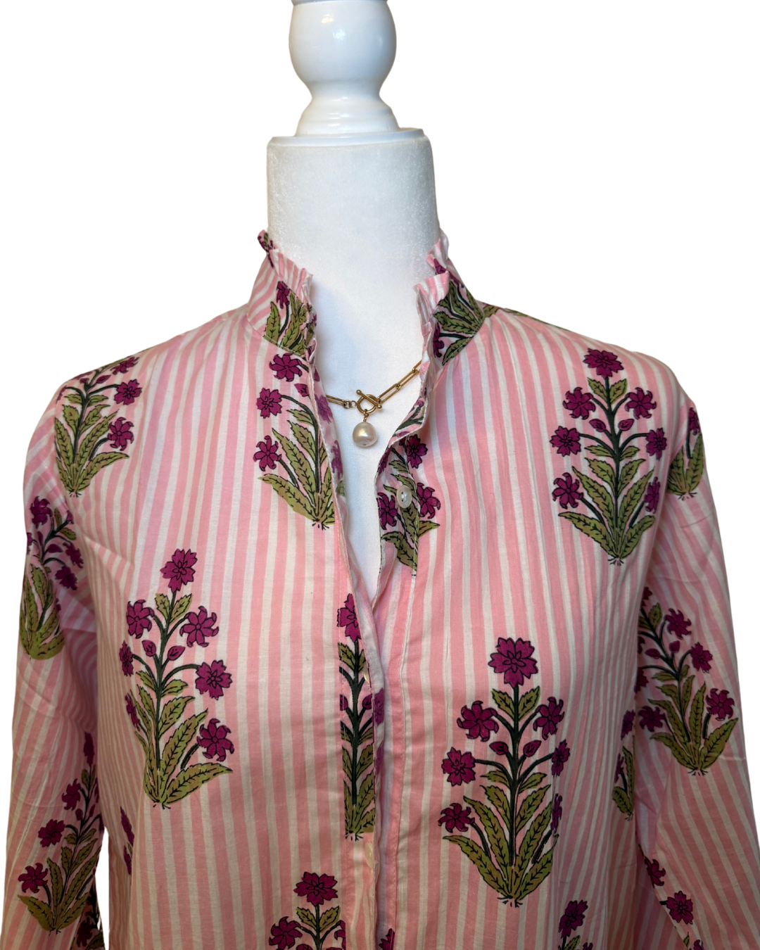 Women's Floral Striped Block Print Ruffled Blouse