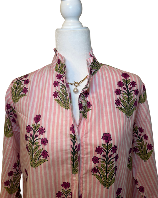 Women's Floral Striped Block Print Ruffled Blouse