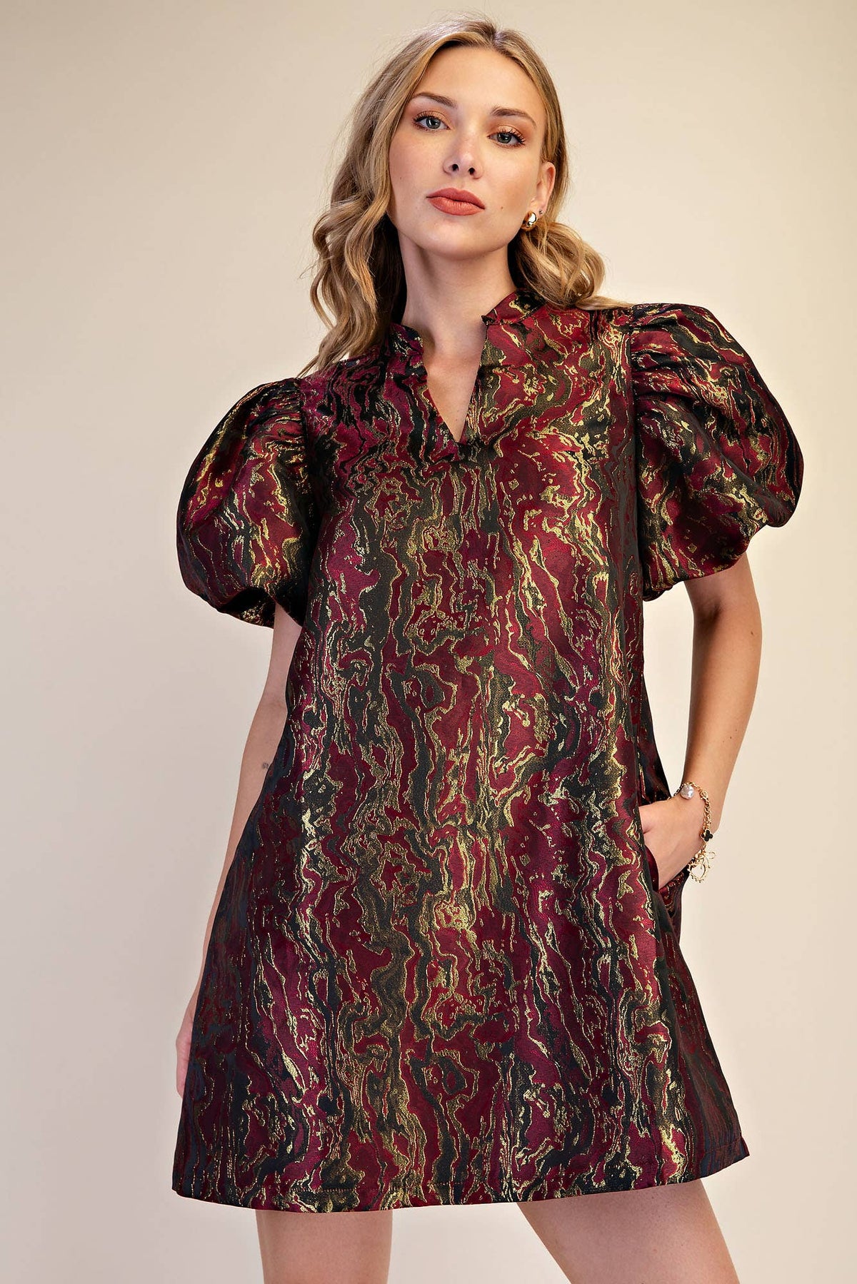 Metallic Jacquard Puff Sleeve Mini Holiday Dress