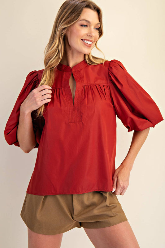 Mandarin Collar V-Neck Bubble Sleeve Poplin Top