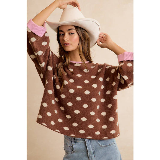 CONTRAST NECK AND ROLL UP DETAIL POLKA DOT SWEATER