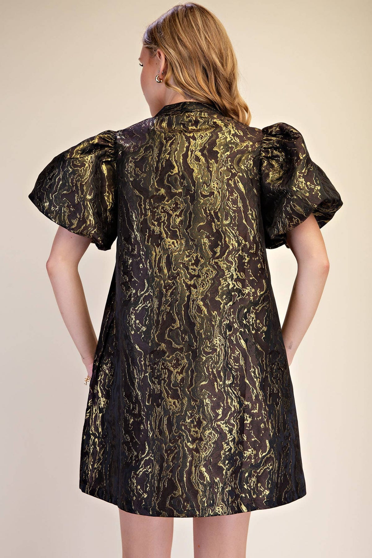 Metallic Jacquard Puff Sleeve Mini Holiday Dress