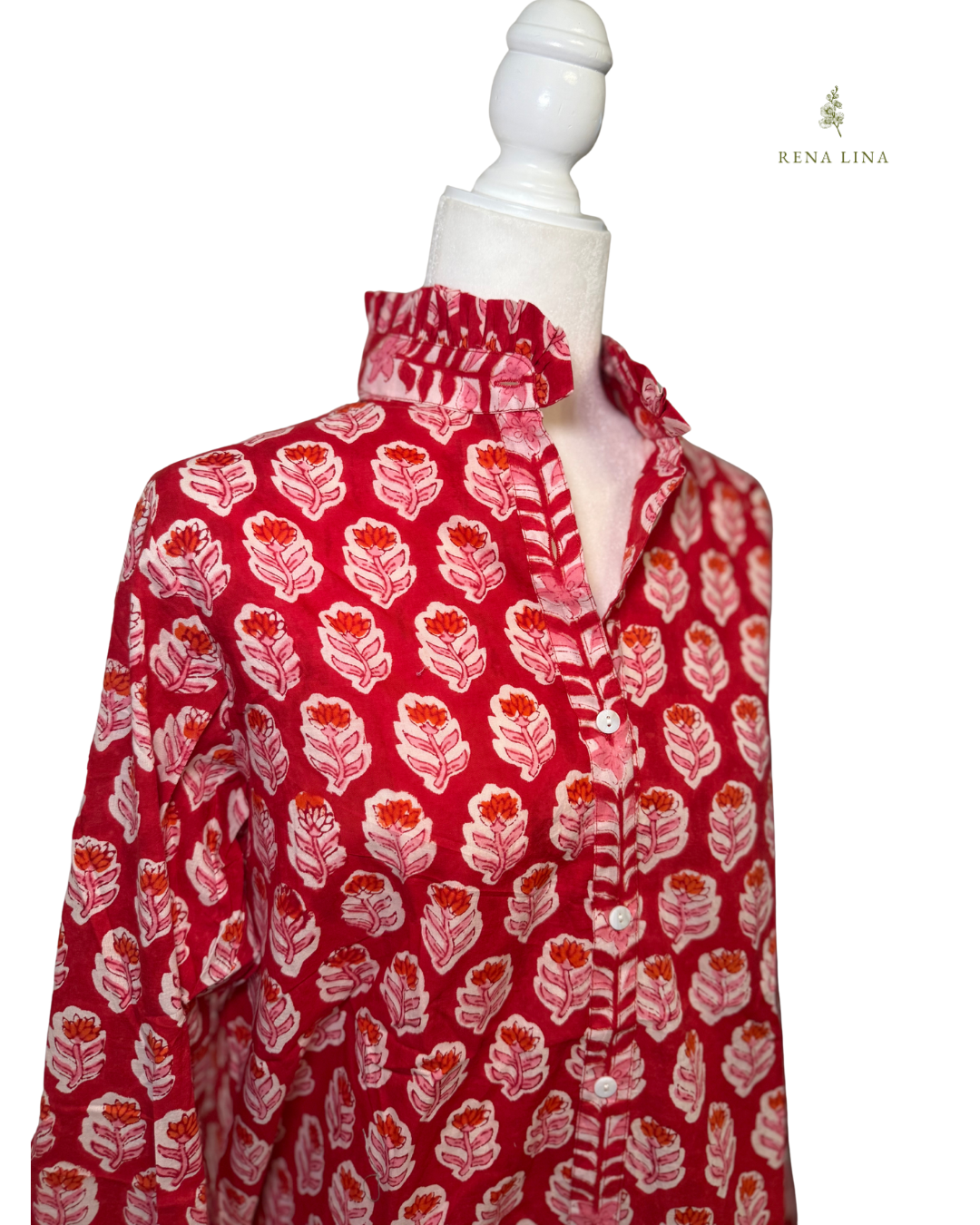 Pink & Red Small Floral Block Print Cotton Blouse