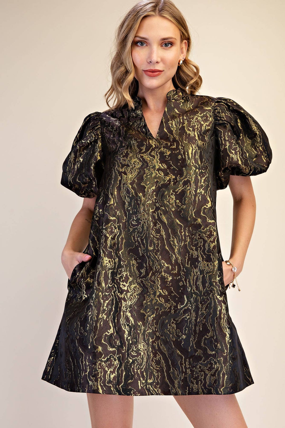 Metallic Jacquard Puff Sleeve Mini Holiday Dress