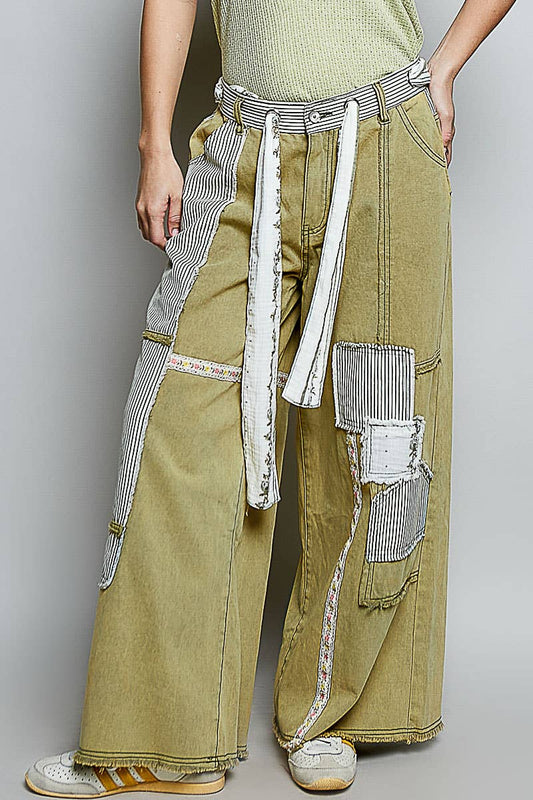 Stripe Patch High Rise Wide Leg Twill Pants