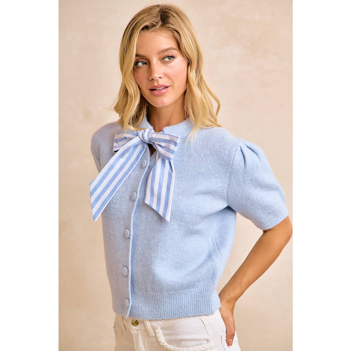 WOMENS LIGHT BLUE BOW TIE SHORT SLEEVE KNIT CARDIGAN