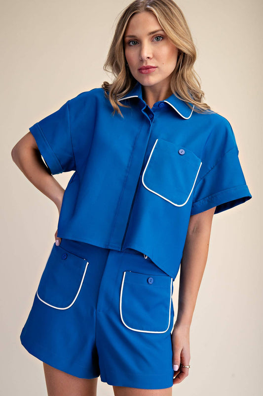 Collar Neck Short-Sleeve Front Pocket Crop Shirts