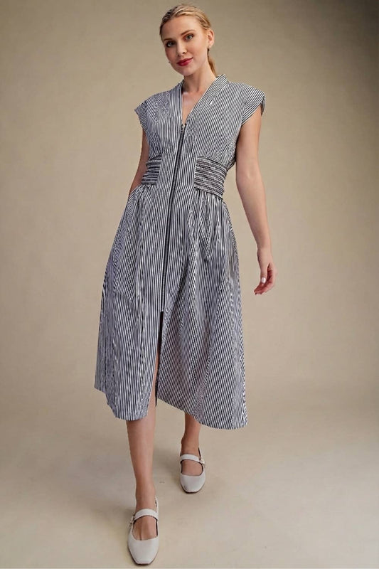 V-Neck Front Zip Waist Smocked Casual Midi Dress