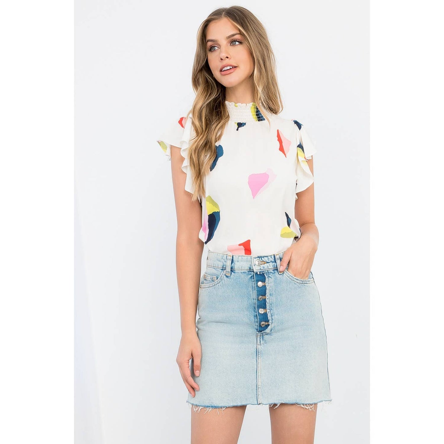 Flutter Sleeve Smocked Neck Top