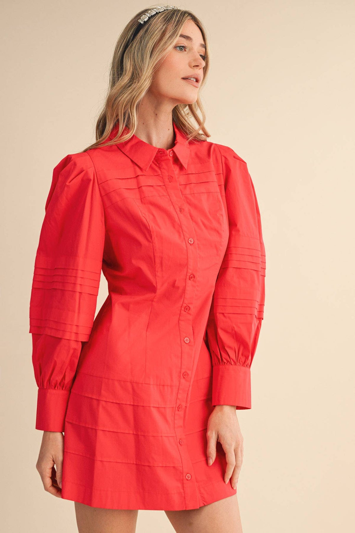 PIN TUCK DETAIL BUTTON DOWN MINI DRESS MDR4328