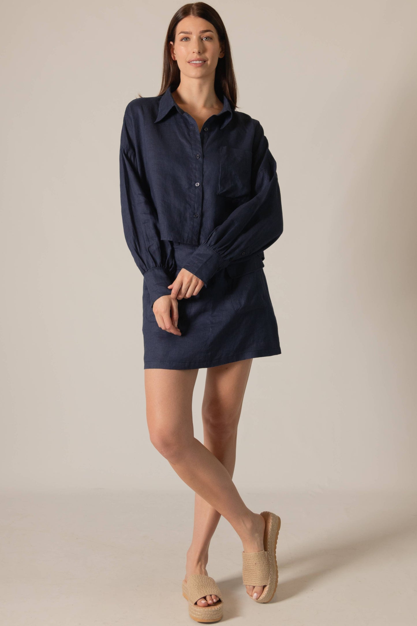 P.CILL 100% Linen Cropped Button Up Shirt