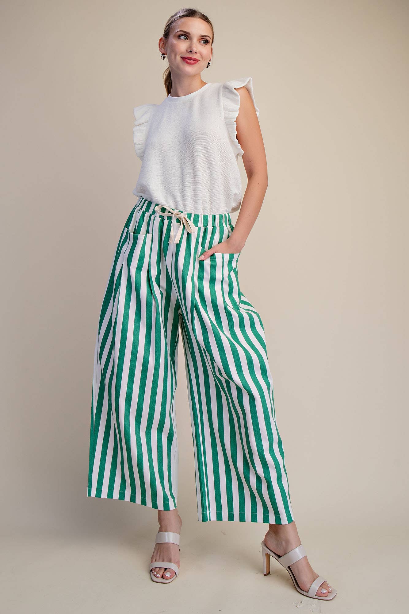 Stripe Wide Pants With Elastic Band Drawstring and Pockets