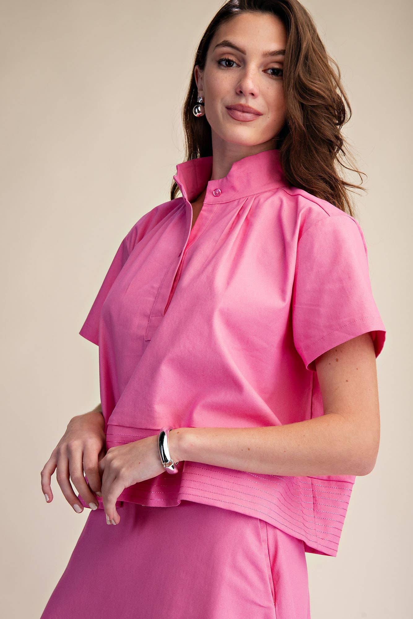 Stand Collar Short Sleeve Stitch Detail Shirt