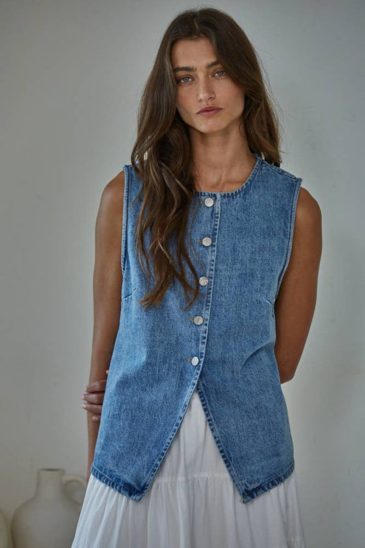 BD352 | Denim Cotton Viscose Polyester Button Down Vest Top