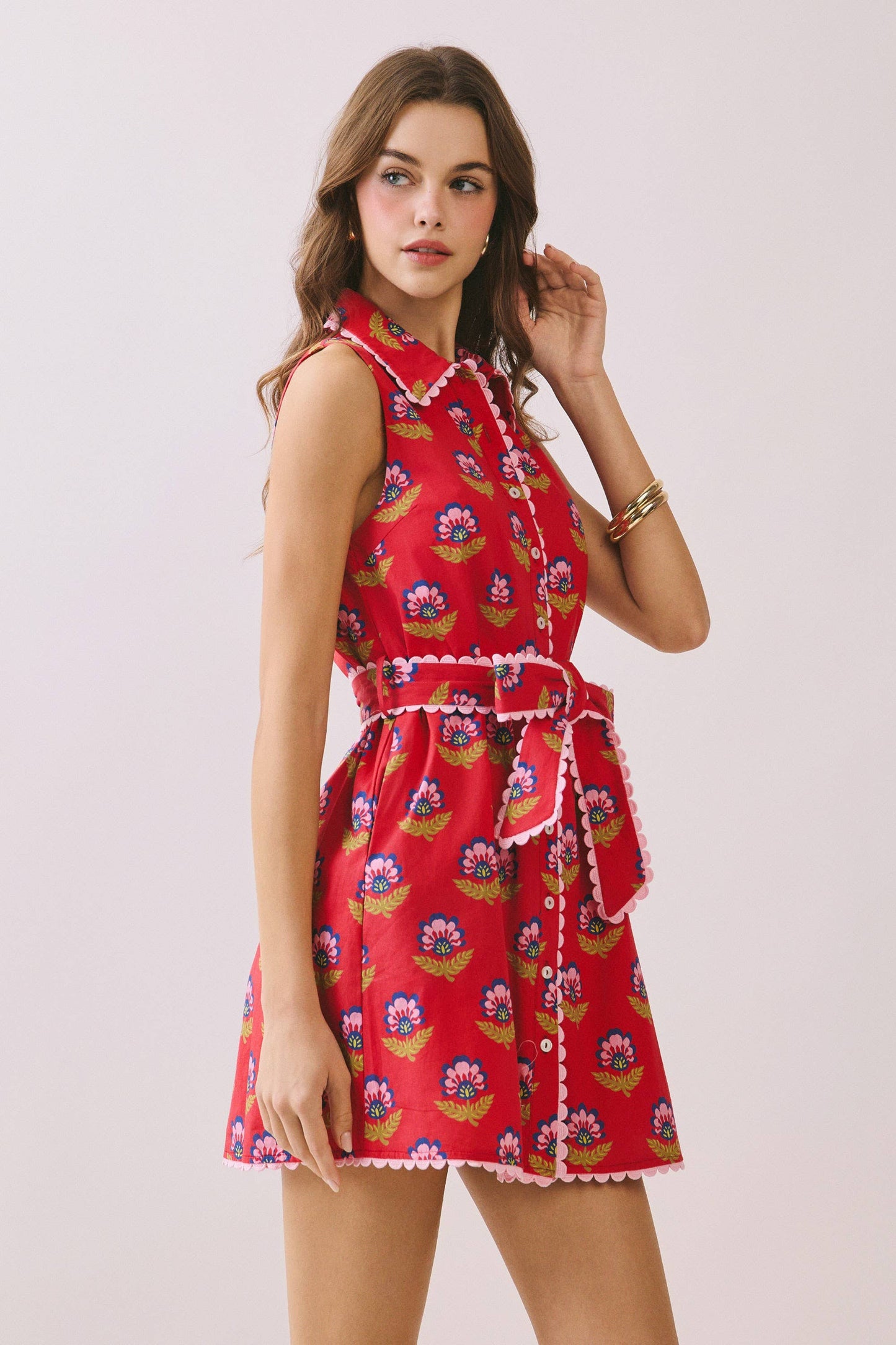 CD06056-Floral Print Contrast Scalloped Trim Detail Dress