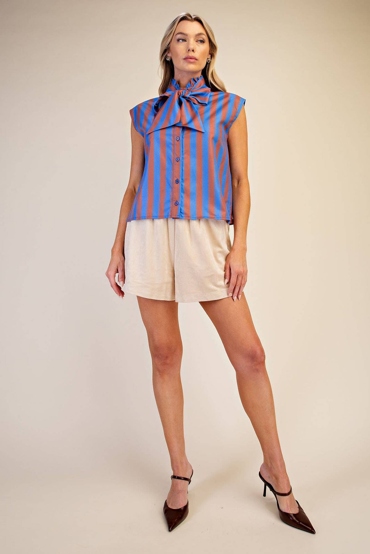 Bow Neck Sleeveless Stripe Shirt