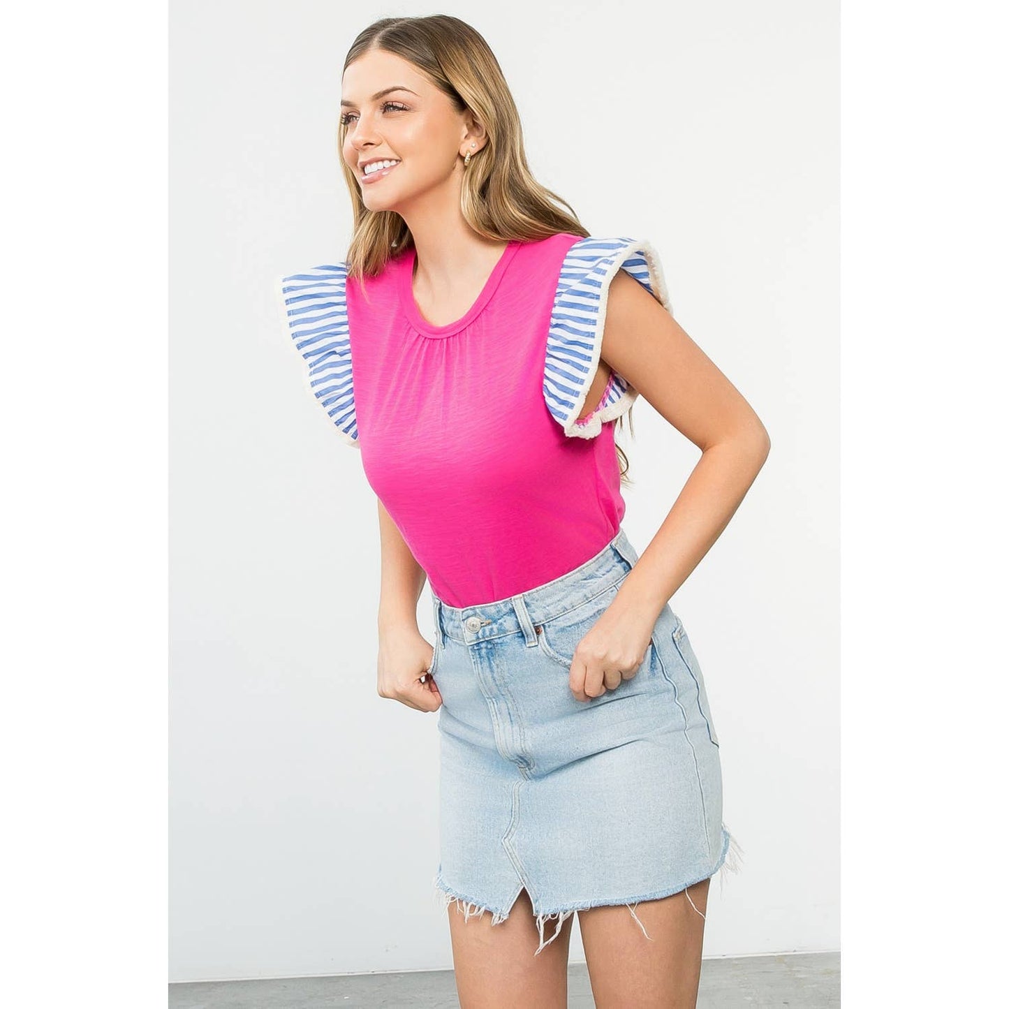 Colorblock Sleeve Knit Top with Ruffle Shoulder Trim