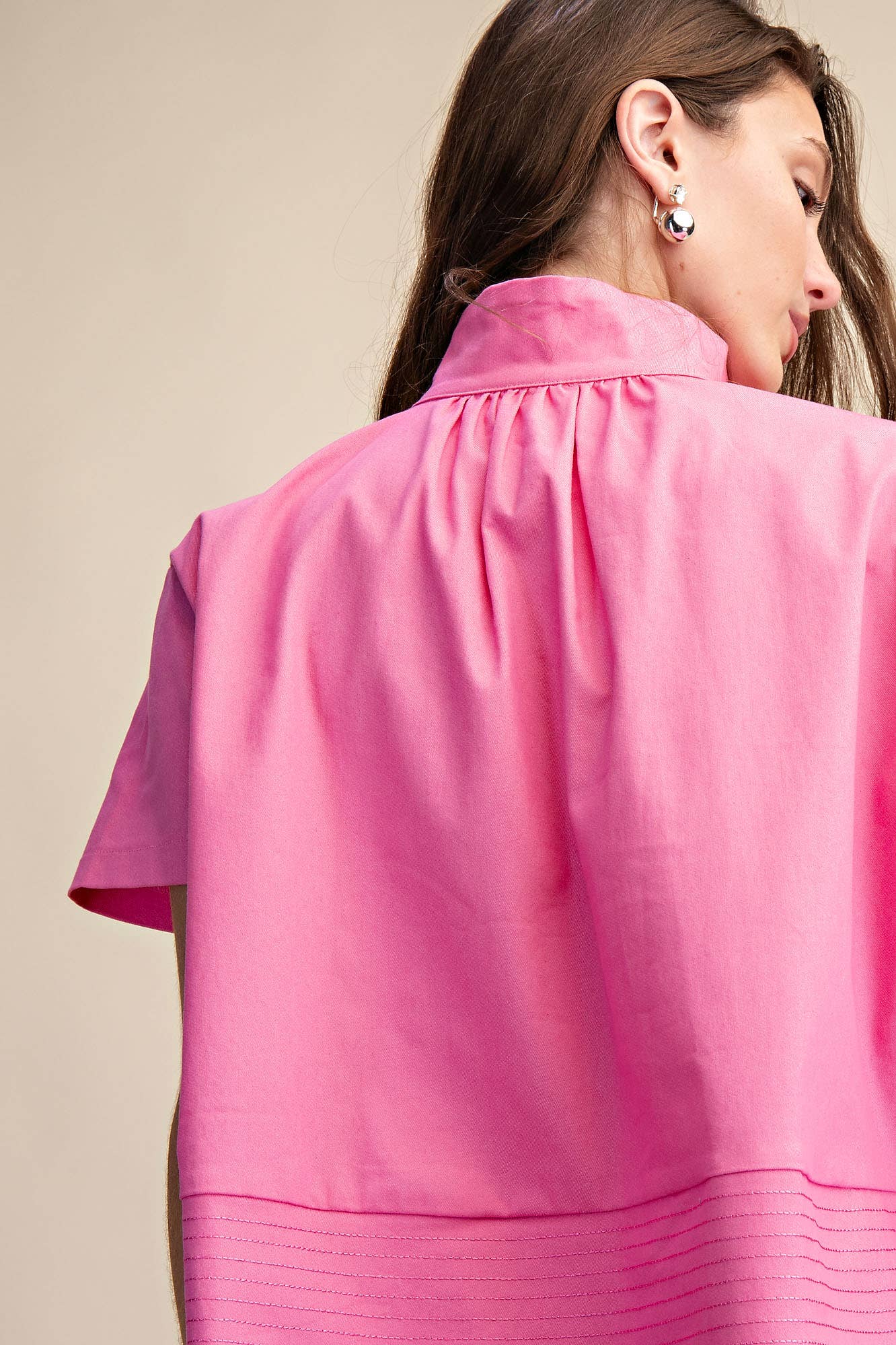 Stand Collar Short Sleeve Stitch Detail Shirt