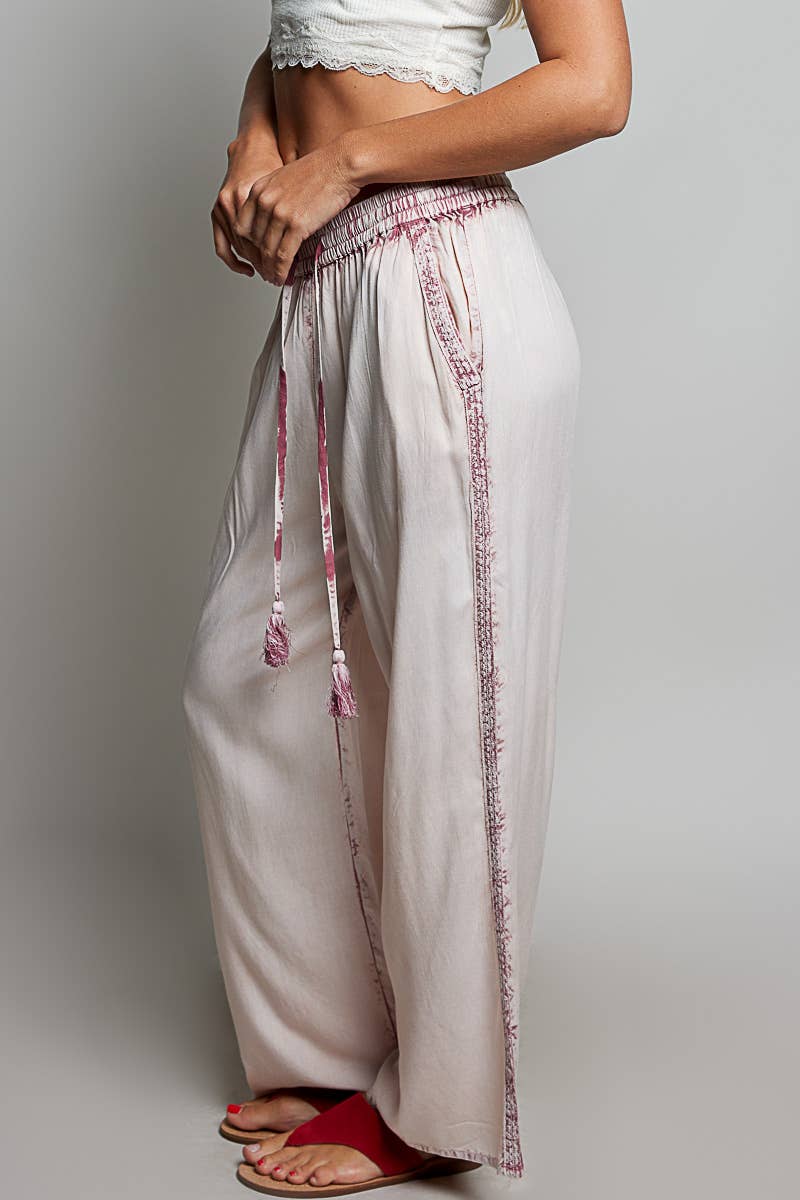Vintage Washed Embroidered Trim Tassel Wide Leg Pants