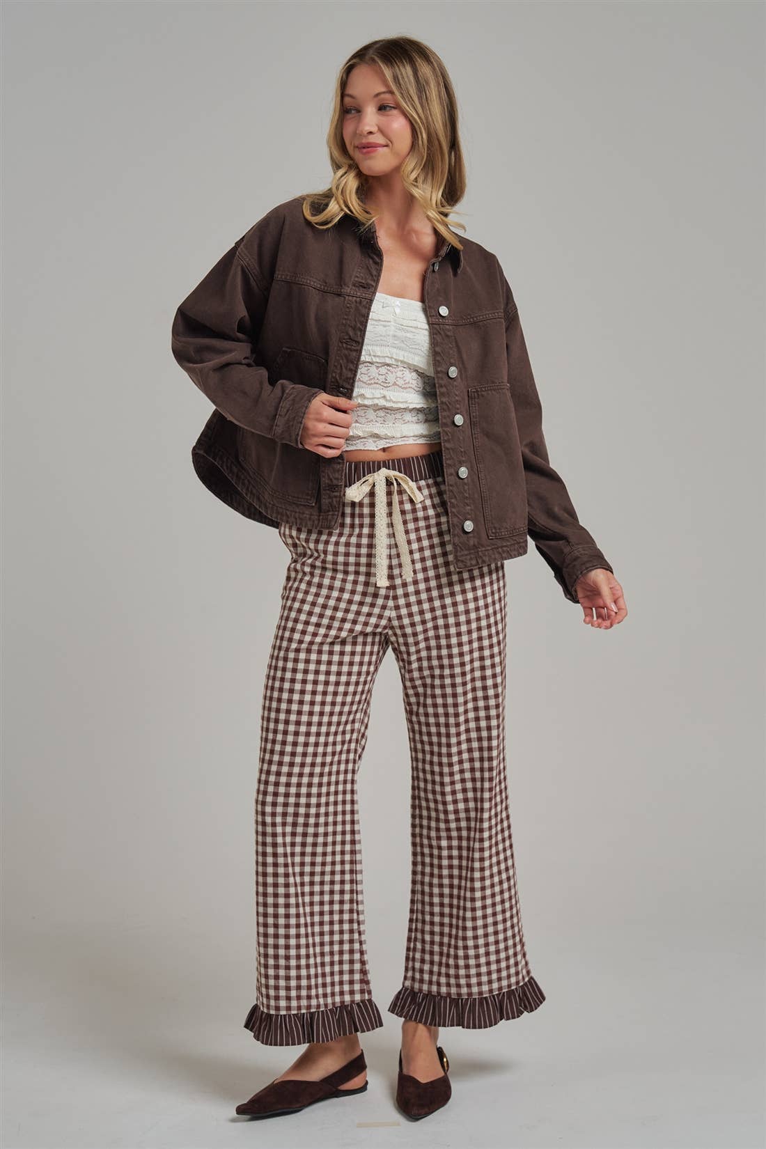 GINGHAM CHECK ELASTIC WAIST PANTS WITH LACE DRASTRING