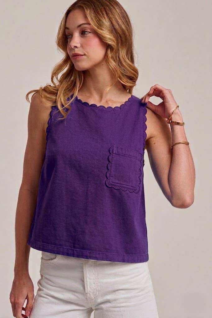 GAME DAY COLOR DENIM SLEEVELESS TOP WITH SCALLOPED EDGE