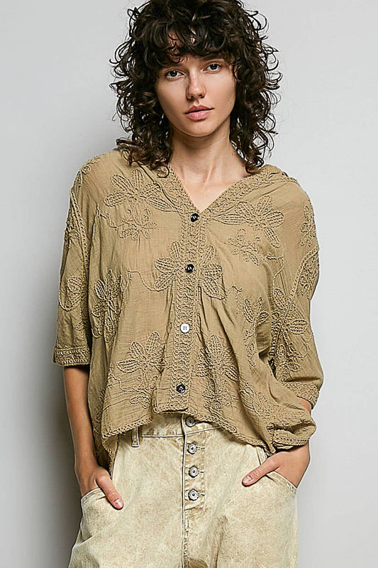 Short Sleeve Border Floral Embroidery Crochet Top