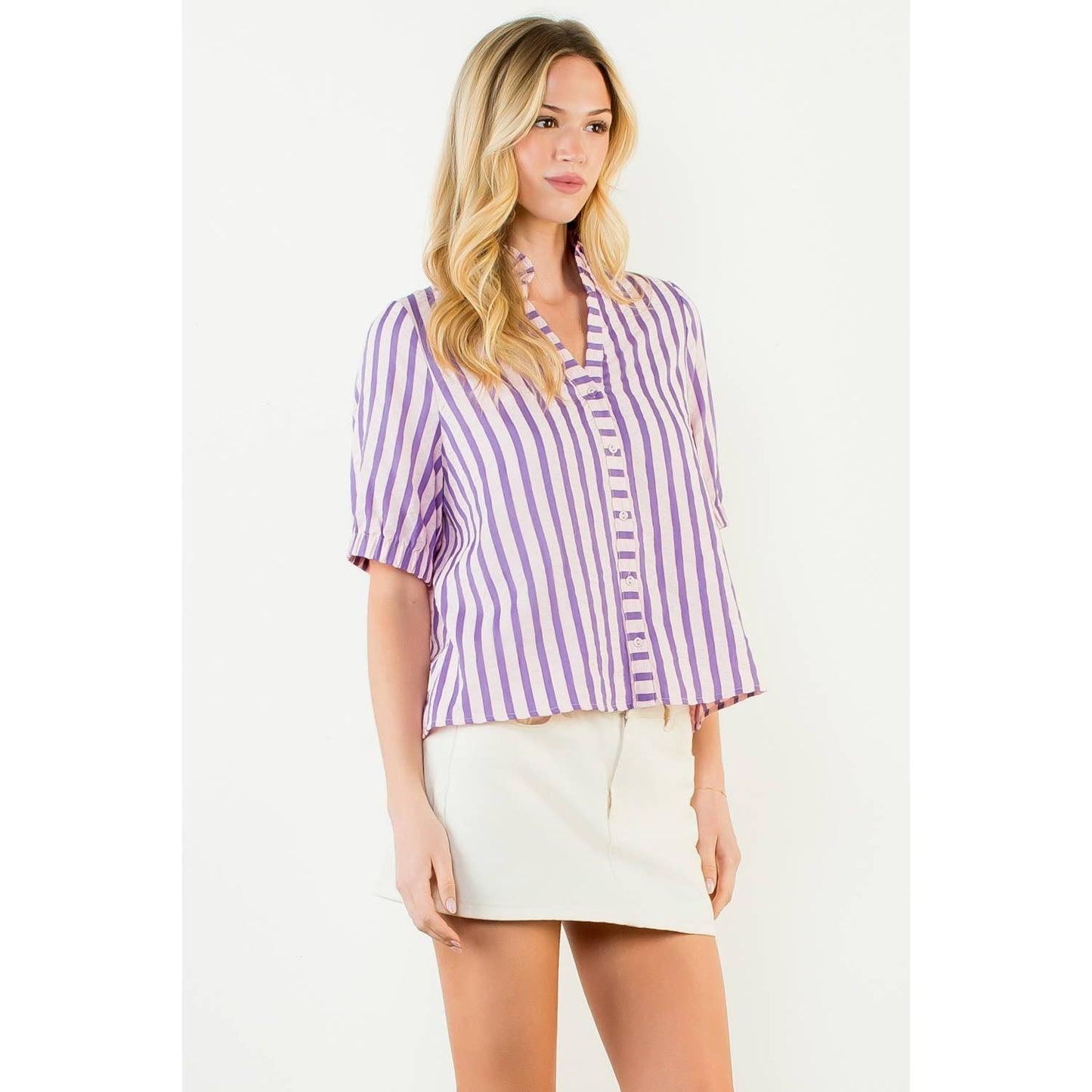Short Sleeve Striped Button Down Top