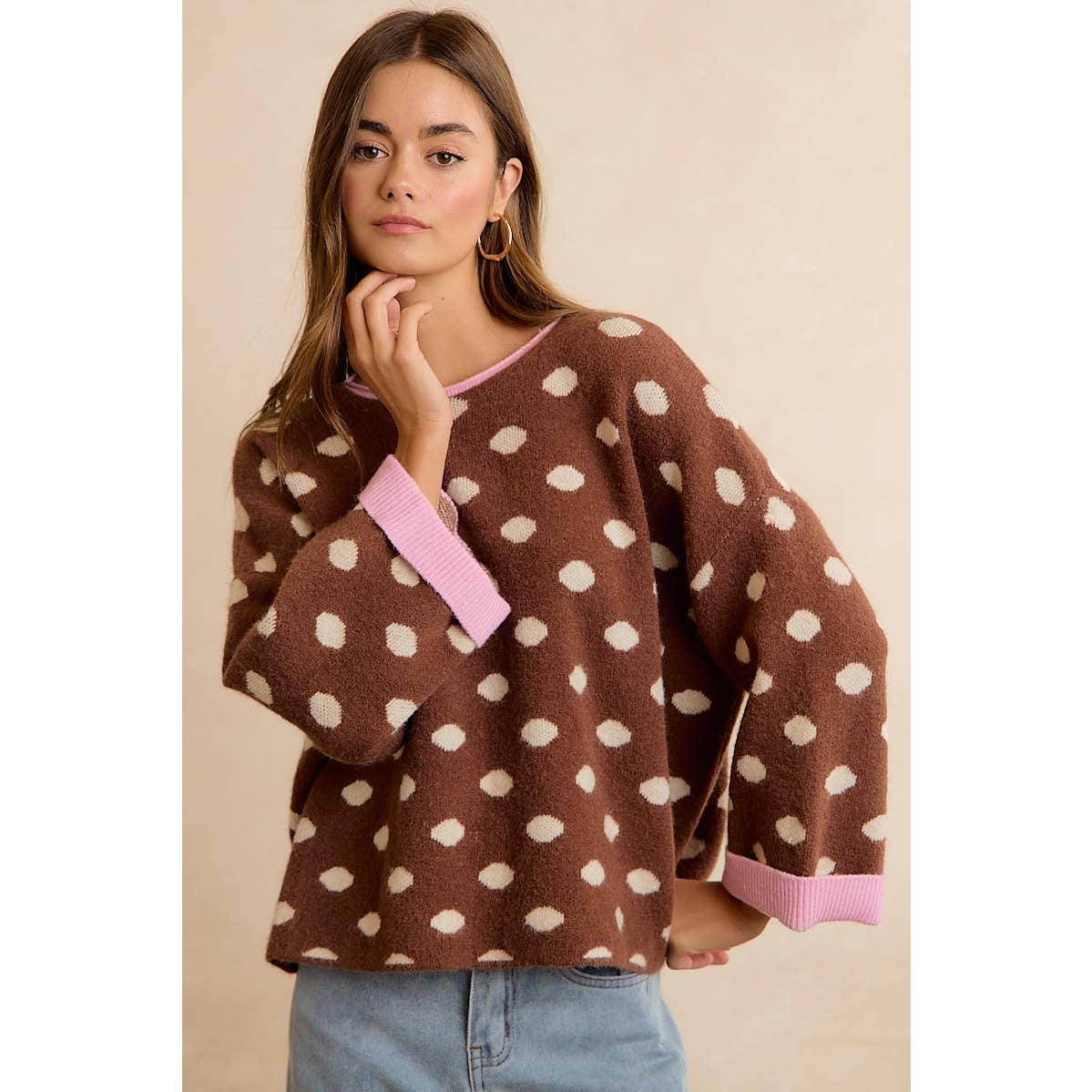 CONTRAST NECK AND ROLL UP DETAIL POLKA DOT SWEATER