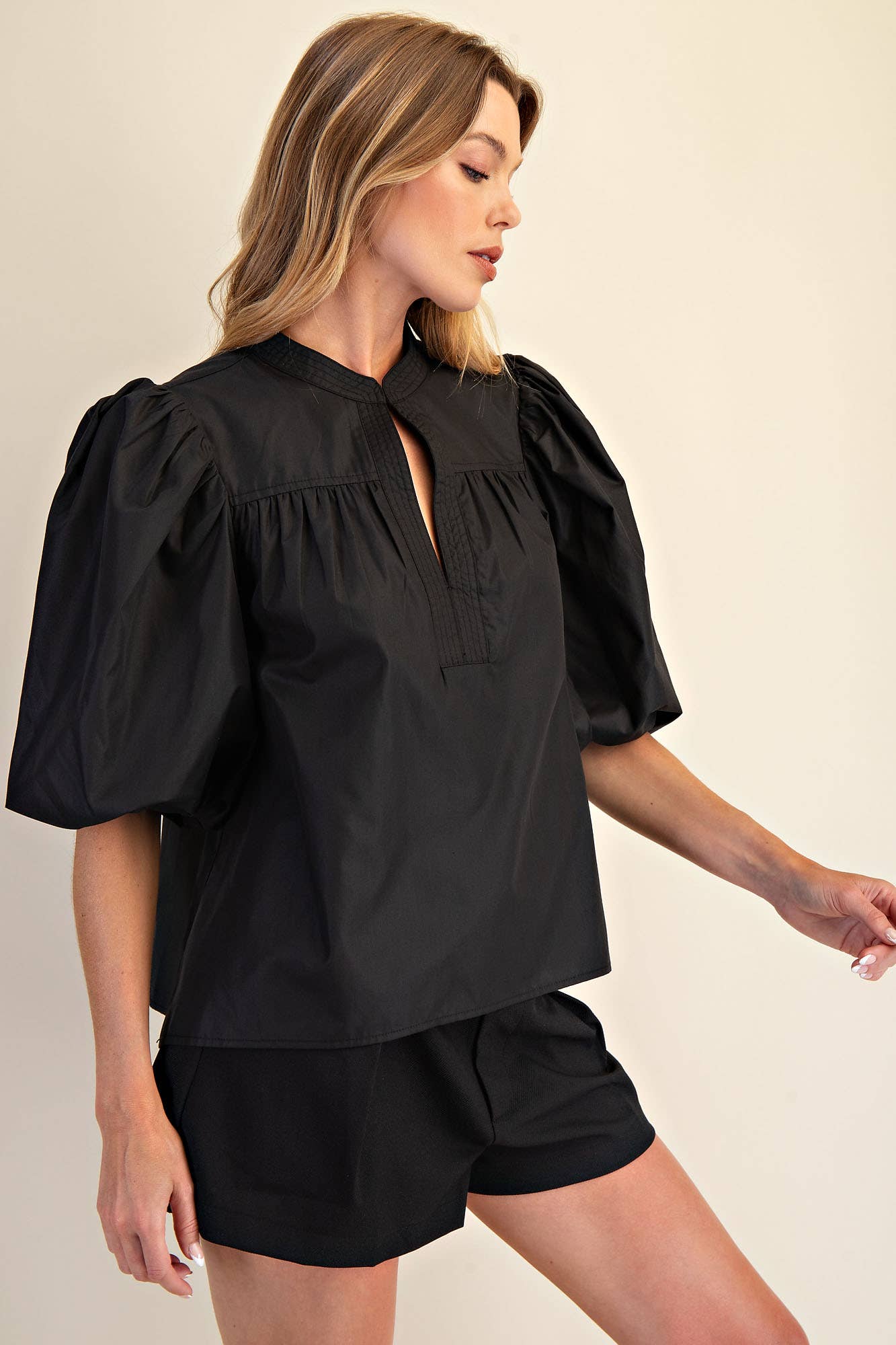 Mandarin Collar V-Neck Bubble Sleeve Poplin Top