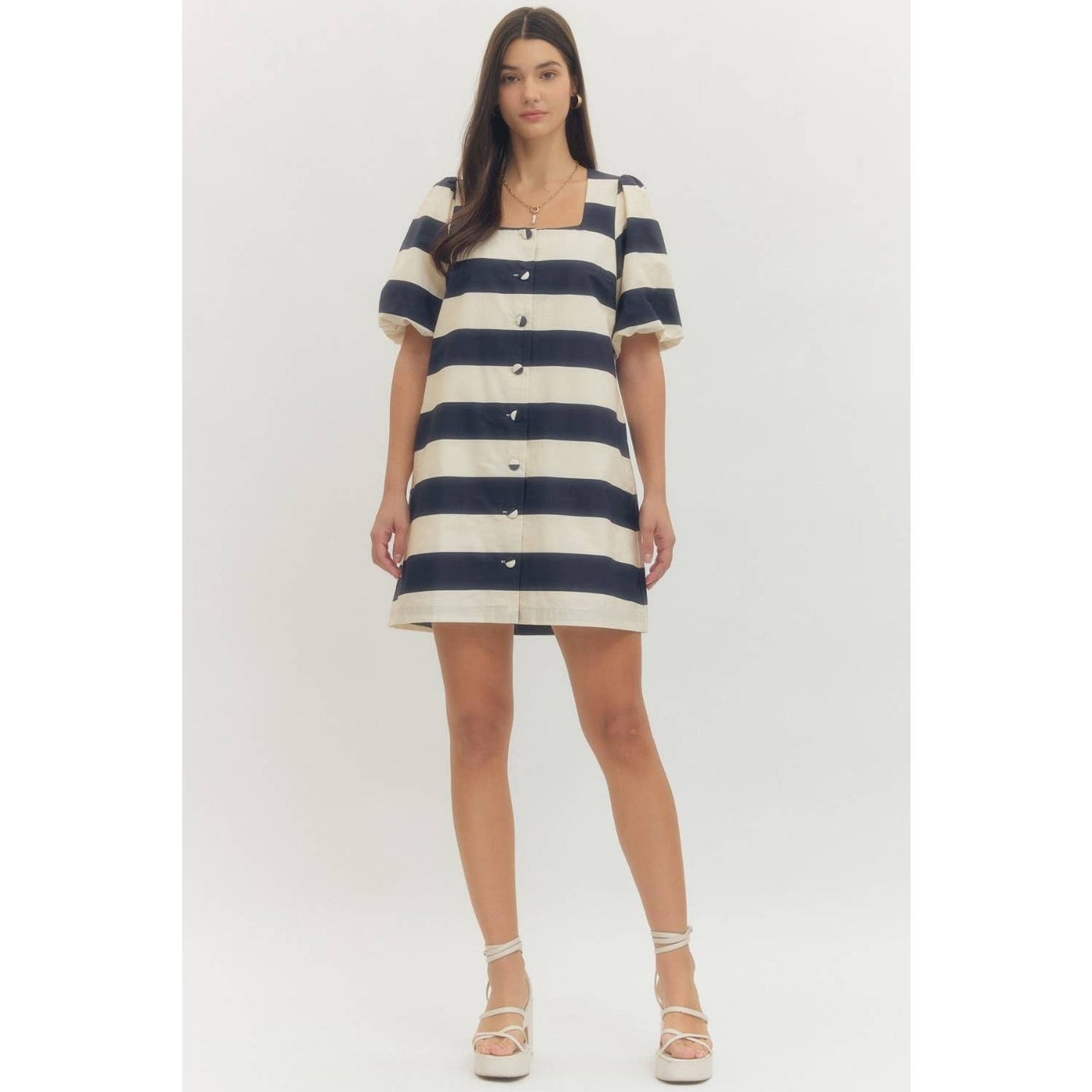 Bold stripe short puff sleeve mini dress