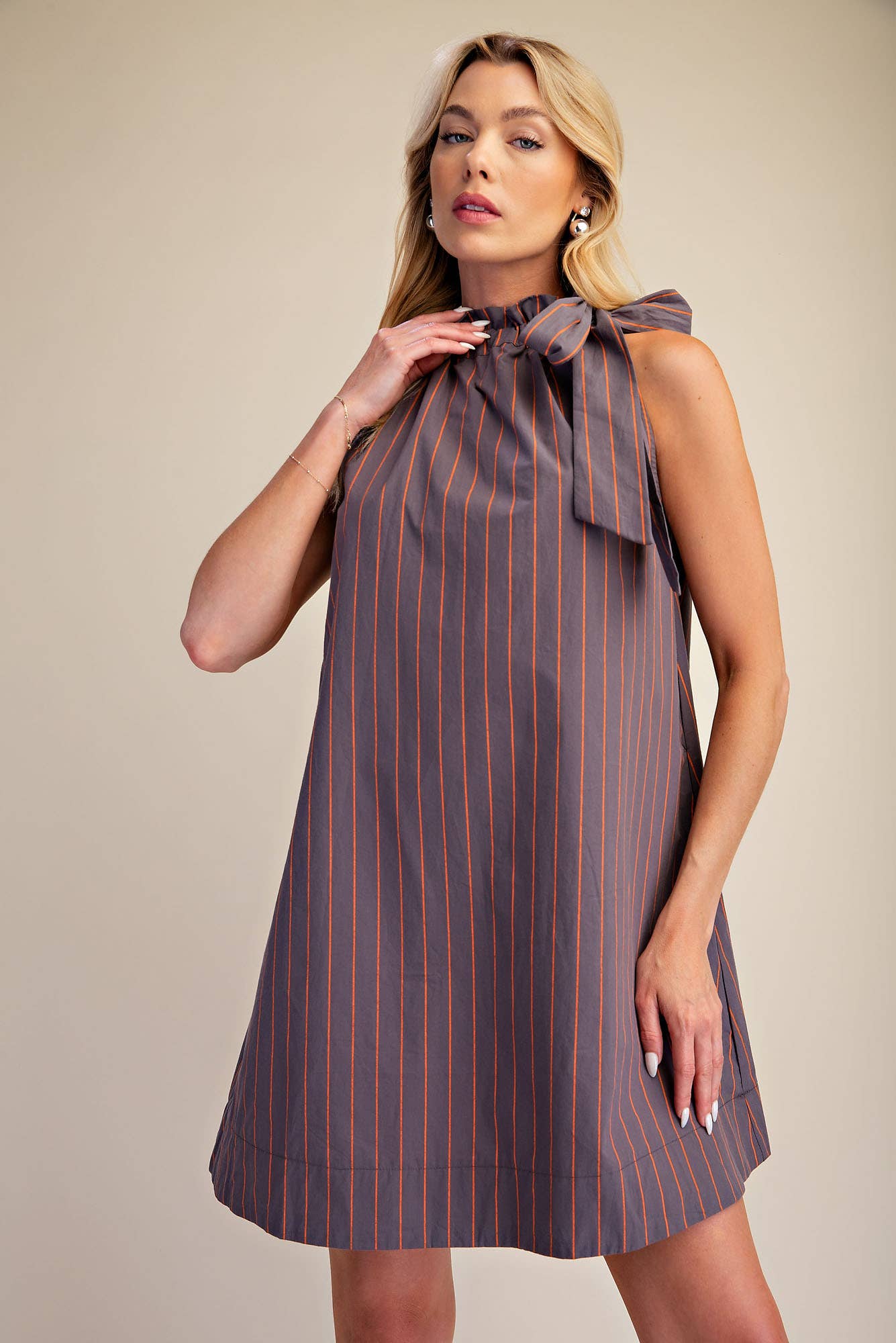 Stripe Mini Dress Ruffle Neck Adjustable Tie Sleeveless