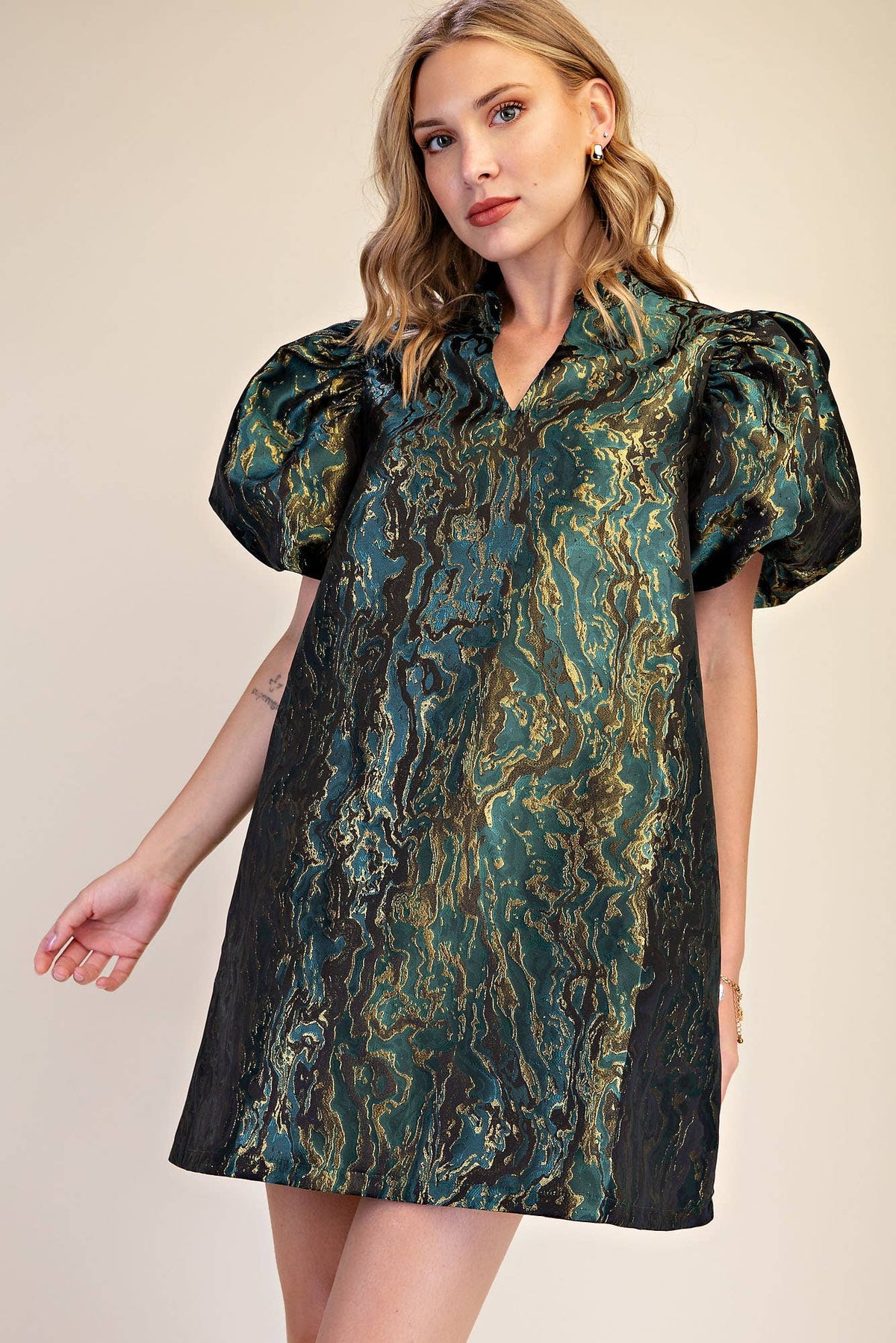 Metallic Jacquard Puff Sleeve Mini Holiday Dress