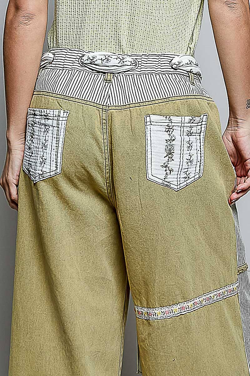 Stripe Patch High Rise Wide Leg Twill Pants