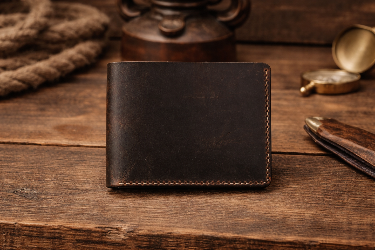 Men’s Full-Grain Crazy Leather Bifold Wallet Premium Leather