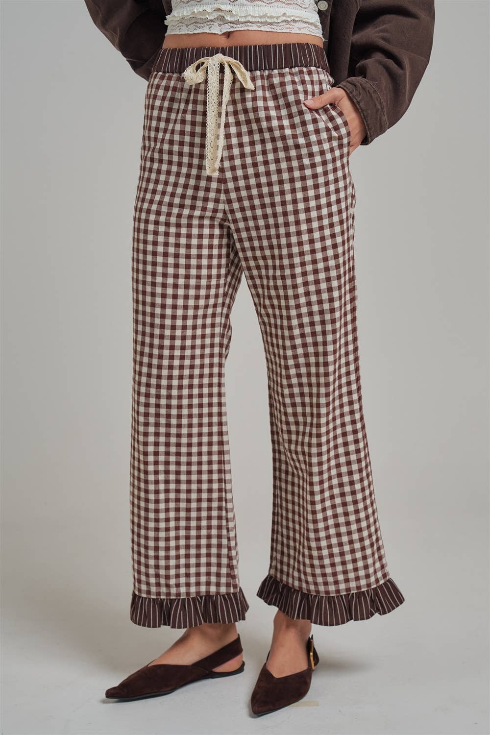 GINGHAM CHECK ELASTIC WAIST PANTS WITH LACE DRASTRING