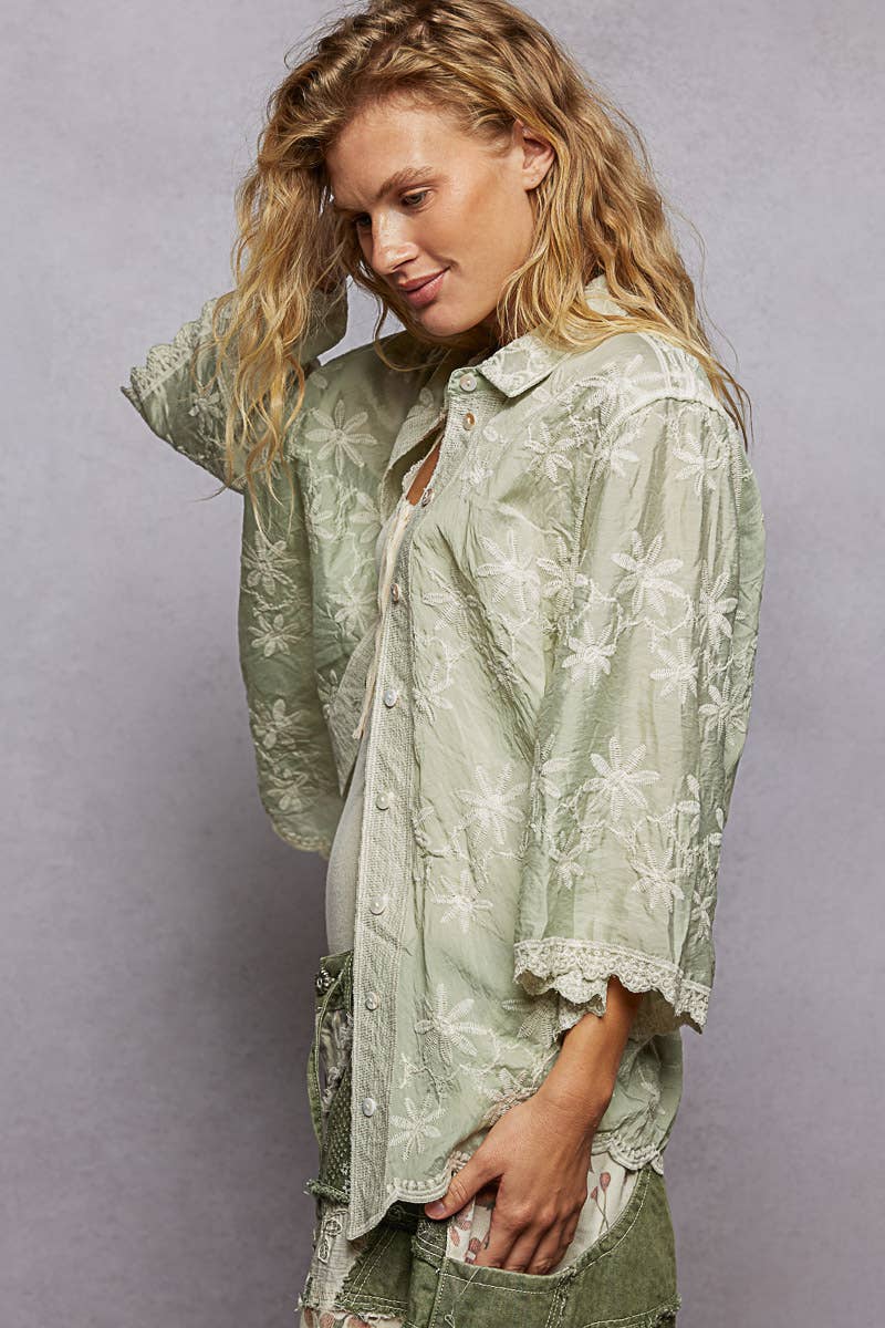 Scalloped Edges Embroidered Floral Half Sleeve Shirt