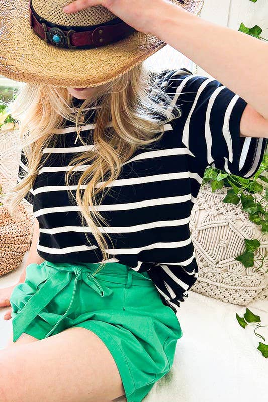 Striped Cotton Crew Neck Short-Sleeve Knit Top VT81439