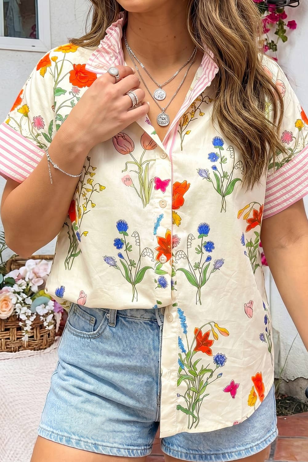 Floral Striped Patchwork Ruffled Collar Short Sleeve Shirt
