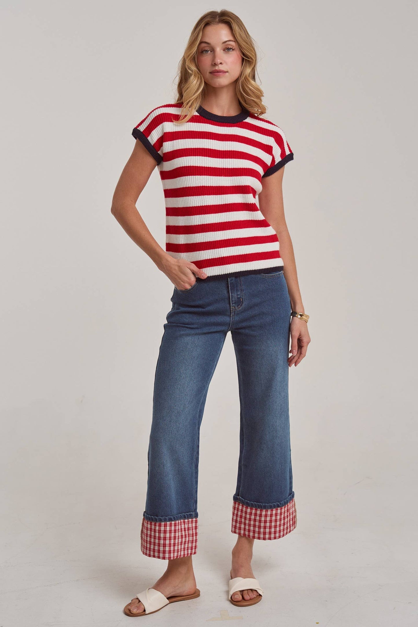 MID RISE STRAIGHT LEG JEANS WITH GINGHAM CHECK CUFF HEM