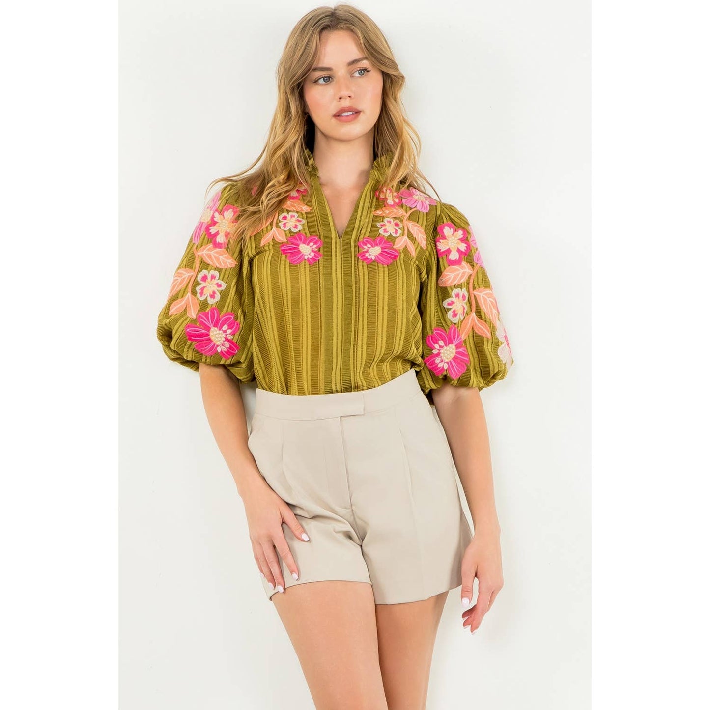 Embroidered Puff Sleeve Textured Top