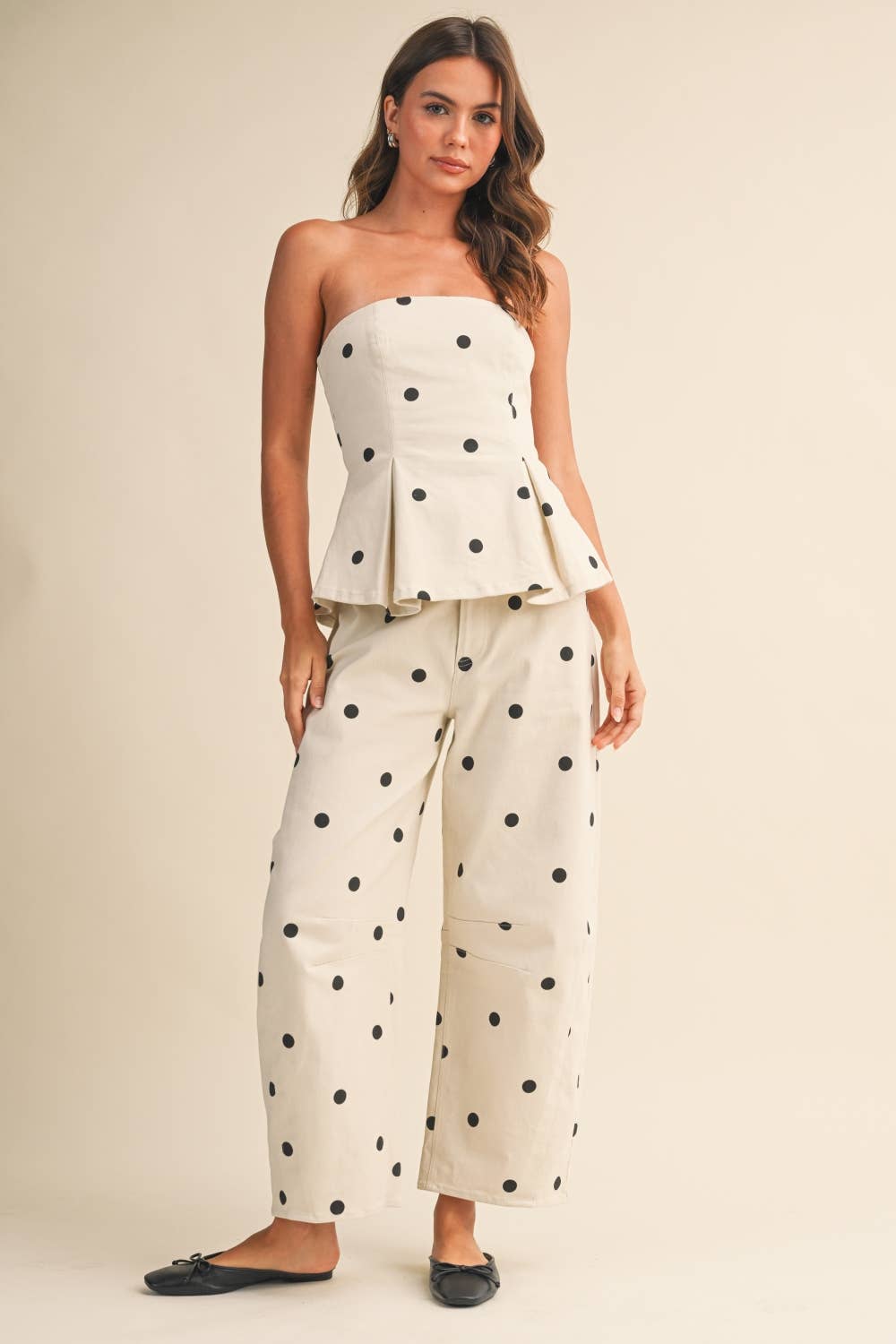 IST6128-B POLKADOT STRAPLESS PEPLUM TOP AND BARREL PANTS SET