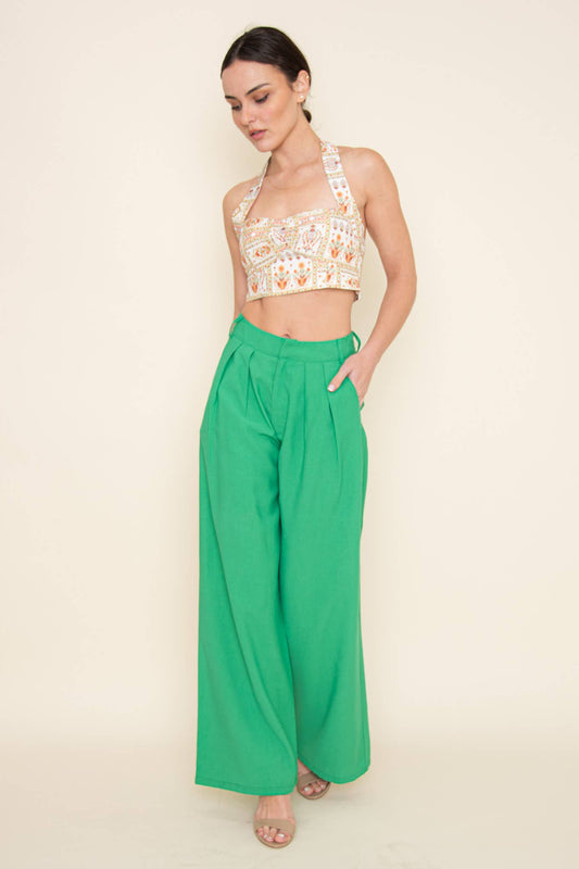 TRENDY PLEATED STRAIGHT LEG HIGH WAISTED TROUSERS -PI5491FO