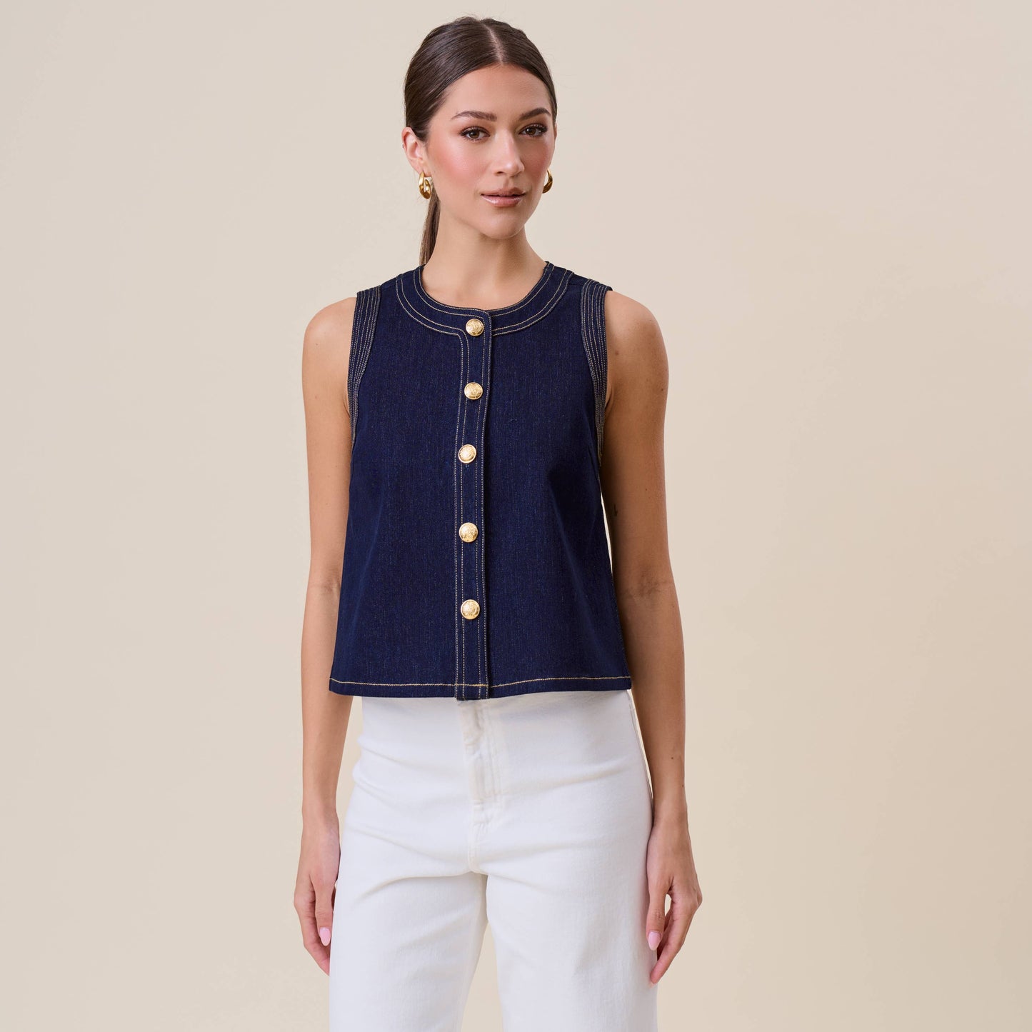 AT3044 Button stretch denim top
