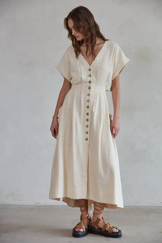 L7242 | Woven Linen Cotton V-Neck Button Down Midi Dress
